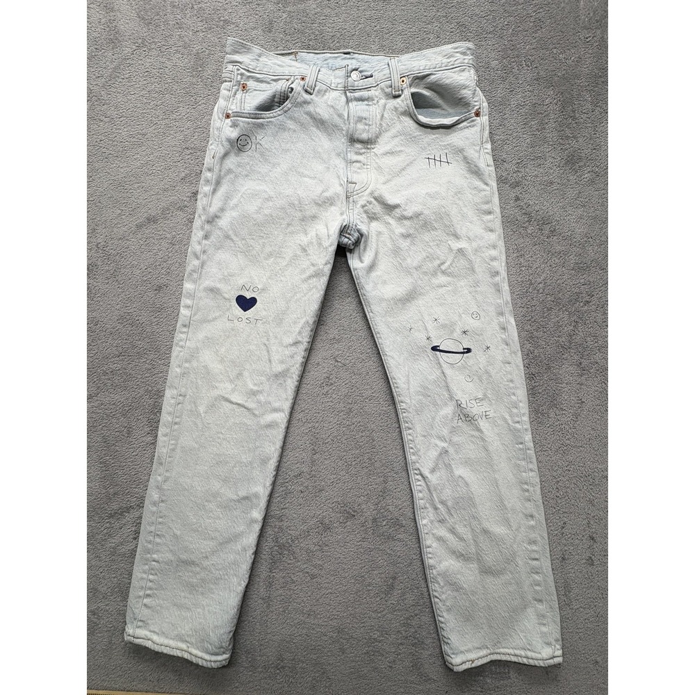Levis‎ 501 Jeans Mens Measured 31x27 Light Wash Custom Doodle Graffiti Artwork